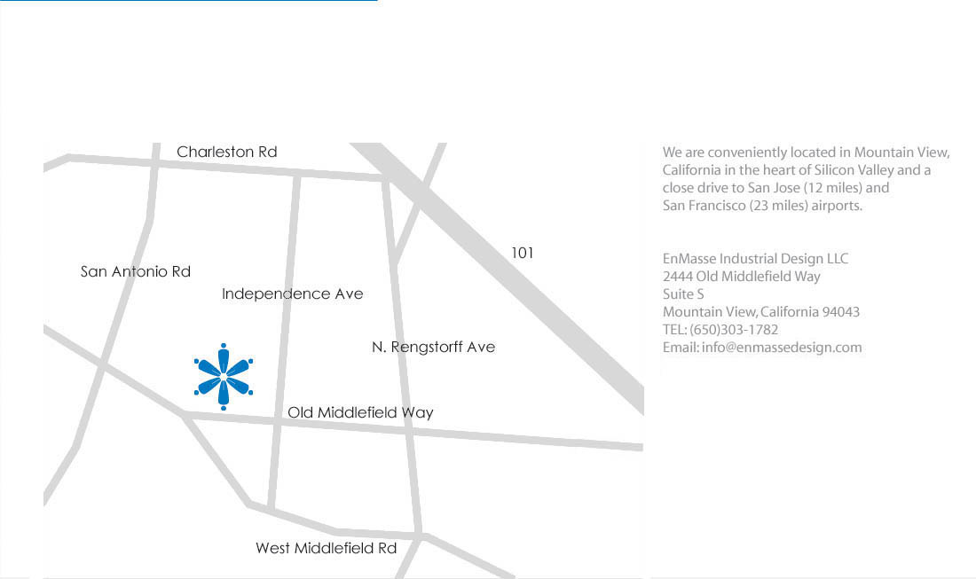 Map Location, Corner of Old Middlefield Way and Independence Avenue, We are conveniently located in Mountain View, California in the heart of Silicon Valley and a close drive to San Jose (SJC) and San Francisco (SFO) Airports | EnMasse Design Address is 2444 Old Middlefield Way, Suite S, Mountain View, CA 94043